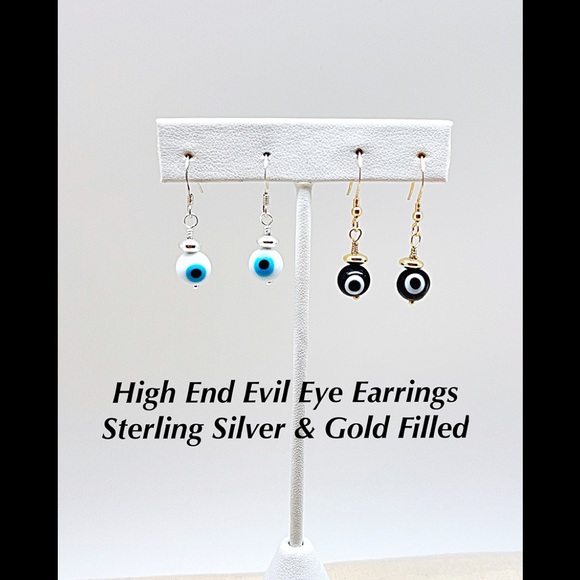 Evil Eye Dangle Earrings in White/Blue or Black/White, Sterling or Gold Filled - Picture 2 of 8